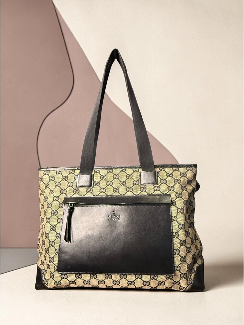 Gucci Vintage GG Canvas Tote Shoulder Bag Black Leather Trim